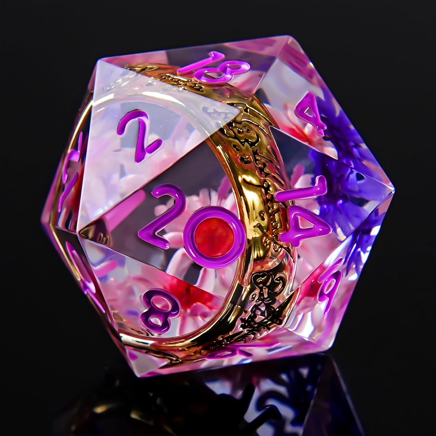 Lilac-Purple Dried Flower Gilded Engraved Ring Dice Set